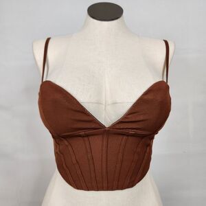 White Fox Faux Leather Corset Top Brown Bustier Cropped Clubwear Y2K M